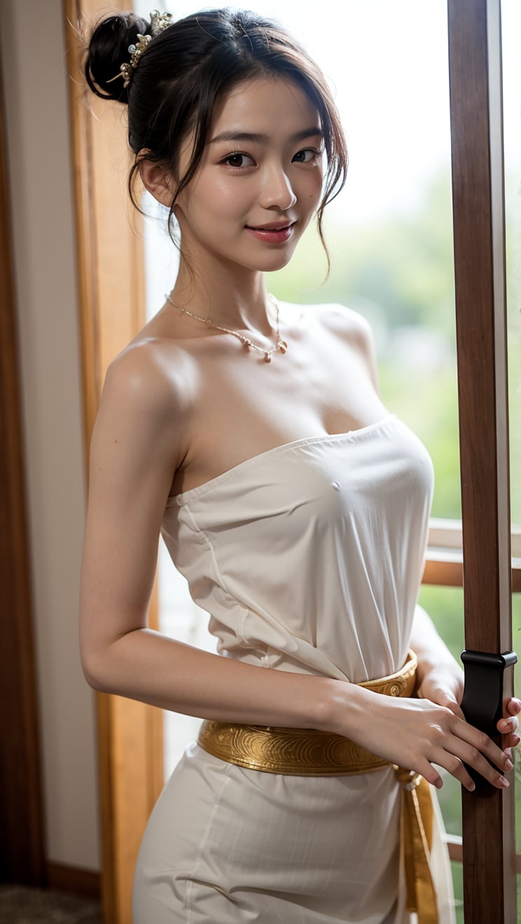 there is a beautiful Taiwanese girl from ancient times, with a majestic bust, real skin style, gray-white flowing short hair, a long deep V strapless dhoti, ethereal eyes, backlight effect, shy smile, water droplets on the skin, messy bun short hair, long thin necklace, holding a samurai sword in both hands, and the samurai sword is emitting blue heat and light.