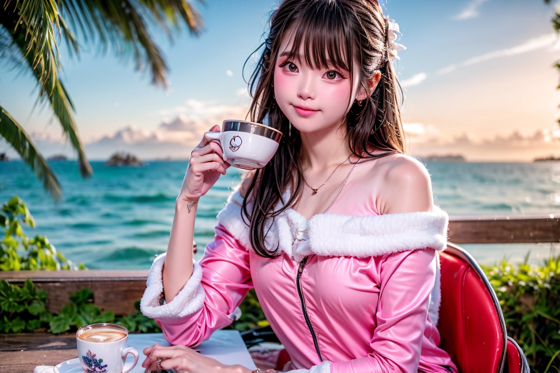 A Taiwanese girl, with real skin style, delicate face, majestic and proud upper body, ethereal and extraordinary feeling, wearing off-shoulder chiffon silk pajamas and a dreamy coat, in a warm morning, with a shy smile in spirit, sitting on the white beach, drinking coffee, with colorful petals flying around her, watching the yellow-blue light of sunrise, the bright green fields and blue sea, enjoying the feeling of being in a paradise at the moment