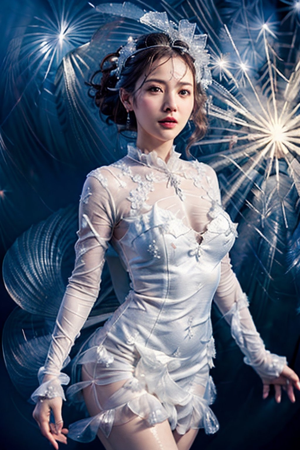 (best quality,  masterpiece:1.2), ultra detailed, (photo realistic:1.4), solo, cute girl, see-through white ruffle dress, snow_crystal_background,illumination_flower_background,diving_the_water_background,snow_crystal_background