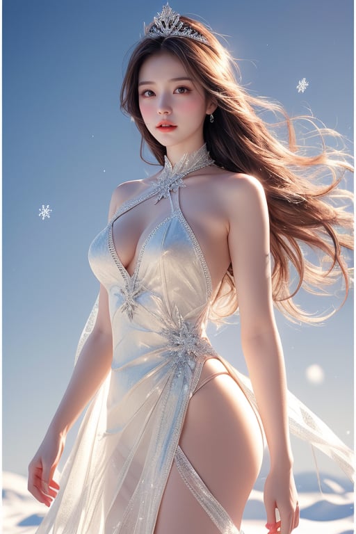 Create a hyper-realistic digital art style, likely created by an artist specializing in CGI or advanced photo manipulation. The composition focuses on a young woman, centrally framed, standing amidst what appears to be a frozen ice structure. She is depicted nude, adorned with a snowflake tiara and strategically placed snowflakes covering her modesty, creating an ethereal and delicate visual. The background shows a clear wintry landscape with a sky blue hue, enhancing the cold and serene atmosphere. The combination of the human subject with the stark, icy background evokes a juxtaposition of warmth and coldness.