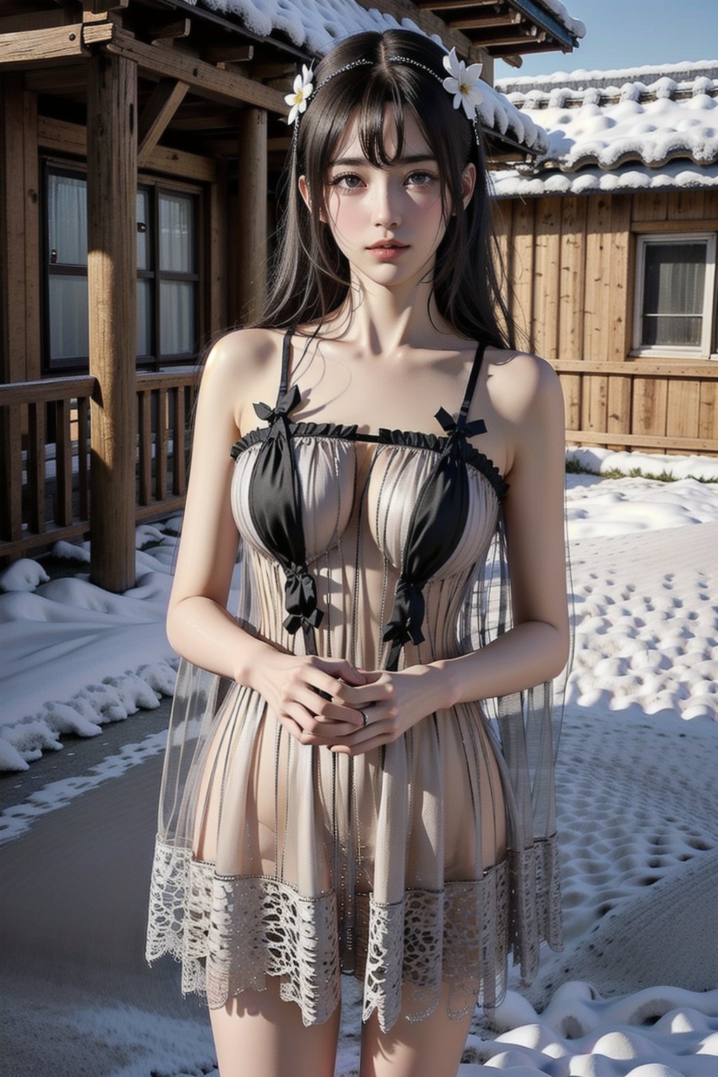 雪國之旅
咒語:Create a digital artwork, possibly by an artist specializing in realistic anime-style or 3D character rendering. It shows a young woman in an outdoor winter setting, wearing a white bikini and warm sleeves, with a delicate floral headband. The background is a snowy village with traditional houses and a street lamp, contributing to a serene, picturesque ambiance. Snowflakes gently fall, enhancing the wintry atmosphere. The woman has a composed, slightly serene expression, her hair cascading down her shoulders. The artist uses soft lighting and detailed textures, focusing on both the character and the intricate winter background.
#TensorArt