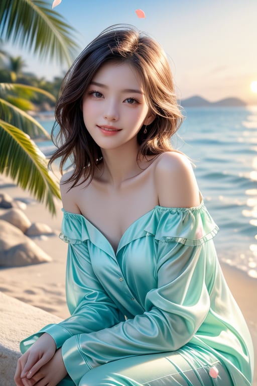 A Taiwanese girl, with real skin style, delicate face, majestic and proud upper body, ethereal and extraordinary feeling, wearing off-shoulder chiffon silk pajamas and a dreamy coat, in a warm morning, with a shy smile in spirit, sitting on the white beach, drinking coffee, with colorful petals flying around her, watching the yellow-blue light of sunrise, the bright green fields and blue sea, enjoying the feeling of being in a paradise at the moment