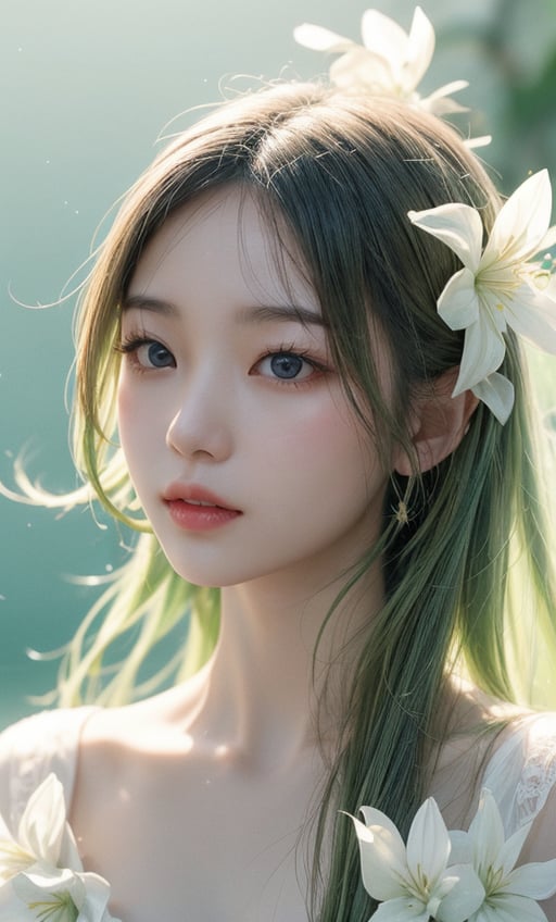 A Taiwanese girl, with real skin style, delicate face, majestic and proud bust, green and soft, matte white, clear water, transparent flowers, white space, rendering, female flow, lightness