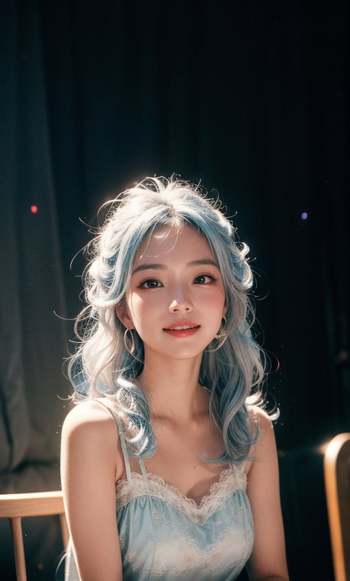 A Taiwanese girl, wearing a black and white gauze nightgown, real skin effect, clear facial features, smiling and looking to the side, solo, long blue and white hair, hairstyle with wavy hair, looking at the audience, hairstyle with wavy hair, closed Mouth, the girl's right hand moves her hair behind her right ear.  There are clouds and colorful abstract paint on the wall in the background