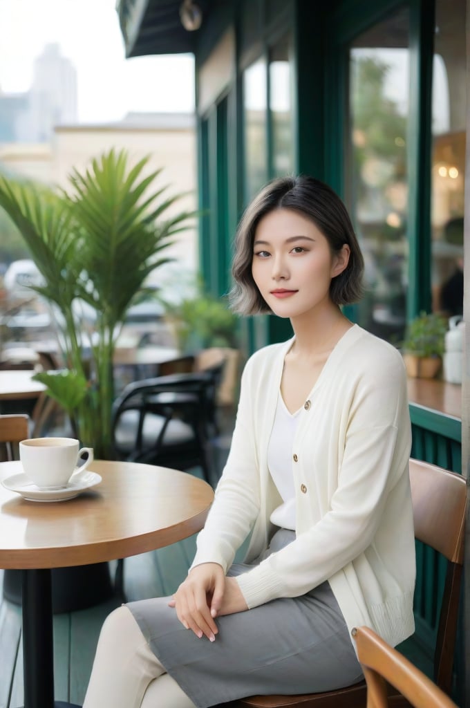 Contemporary color photo of a young Taiwanese girl sitting at a coffee table indoors, realistic skin effect, short gray hair, clear facial features, majestic and proud bust, solo, she is wearing a white cardigan with no buttons, On her feet were tall white boots.  Her posture was relaxed, one leg crossed over the other.  The background shows a modern outdoor cafe environment including chairs, tables and green plants.  The background appears to be soft shadows lit by sunlight, suggesting daytime.  On the table there is a cup, saucer and dessert cup on a wooden table top.  This composition captures a casual yet intimate moment in a stylish urban setting.