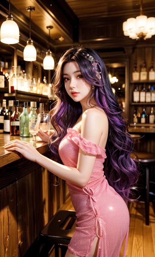 Create an anime-style digital art piece. The artist uses vibrant colors and detailed shading to bring the composition to life. The subject is a woman with long, wavy purple hair adorned with flowers, wearing a sparkling pink dress. She is posed seductively at a bar, looking over her shoulder at the viewer. The background features a well-stocked bar with various bottles and a warm, ambient glow from hanging lights. The scene exudes a glamorous, nightlife atmosphere, with reflective surfaces and a polished wooden floor adding depth and richness to the setting. 