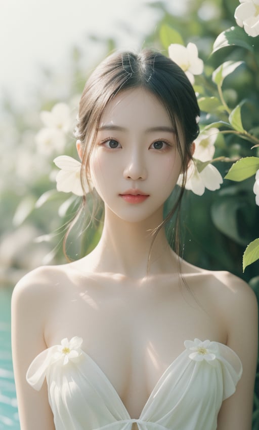 A Taiwanese girl, with real skin style, delicate face, majestic and proud bust, green and soft, matte white, clear water, transparent flowers, white space, rendering, female flow, lightness