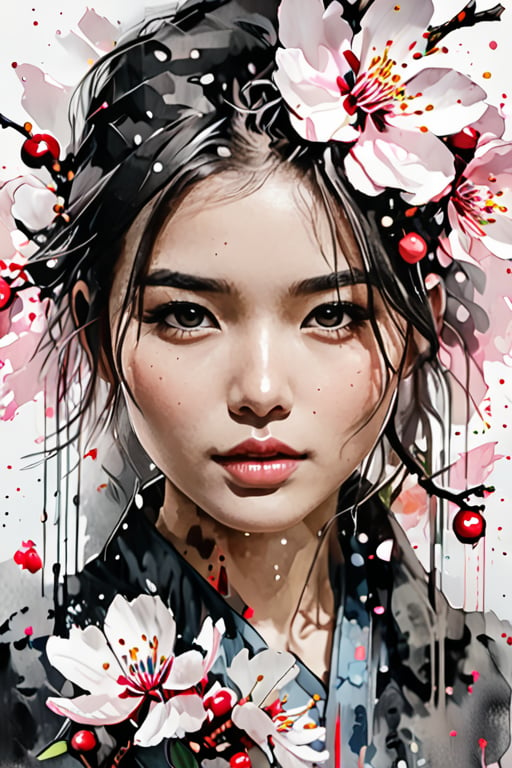 A beautiful Taiwanese girl in bloom, delicate skinned face, realistic style, central position, cherry blossom, gothic style, acrylic painting, highly detailed face, art work by Banksy, Carne Griffiths and Agnes Cecile, full of deep vitality, Popular on Artstation, HD, 4K, 8K ultra-high resolution,better photography