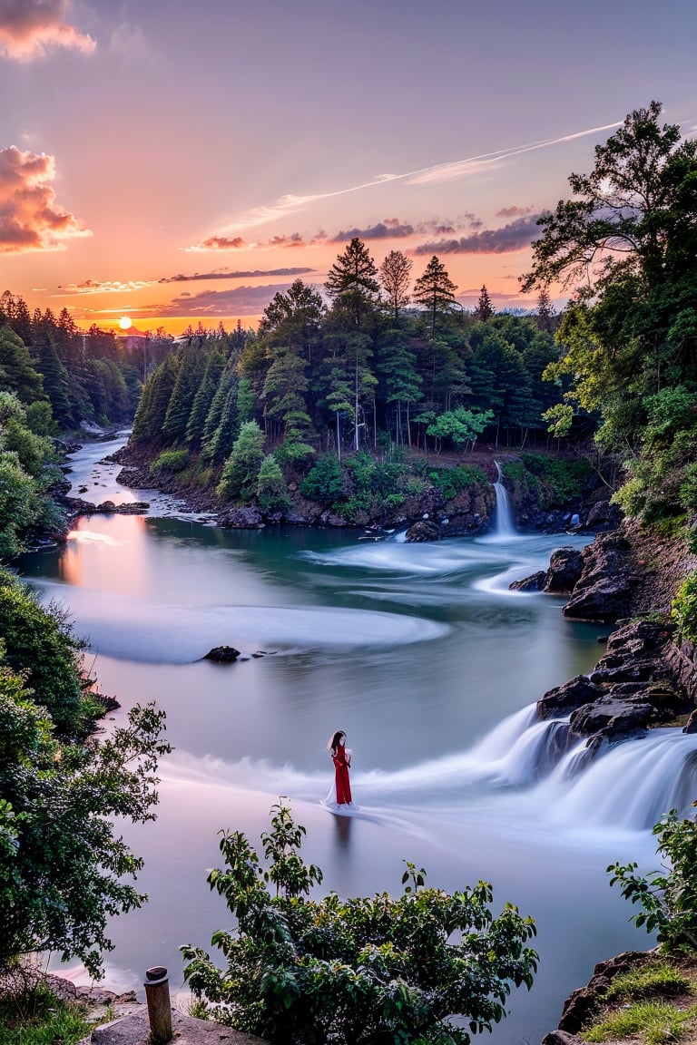 Best Works, (Best Quality, , HDR, 8k, 32k, Original Photo, Realistic, Real Skin, UHD: 1.2), a beautiful Japanese 20-year-old girl, with surging waves, a plump figure, wearing a long white tulle dress, by a forest lake, bright blue eyes, long gray hair, delicate face, perfect face, green pond, dark sky, background lighting, realism, red sky, detailed sky, realistic clouds, sun, bright environment, late afternoon, sun in the clouds, wide-angle lens effect