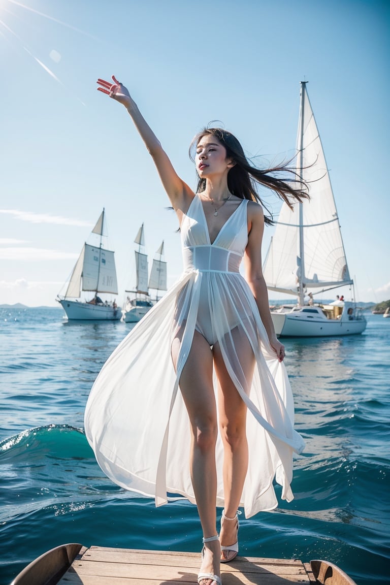 A Taiwanese girl, wearing a white period costume and white tulle, real skin style, delicate face, long flowing hair, strikes a dancing pose with a sailboat as the background. She stands by the boat, with the sea and sails visible behind her, suggesting a nautical theme. The background is a clear blue sky, and the lighting is bright and natural. The overall color scheme is cool, mainly blue, which complements the marine environment, emphasizing realistic textures and bright colors.