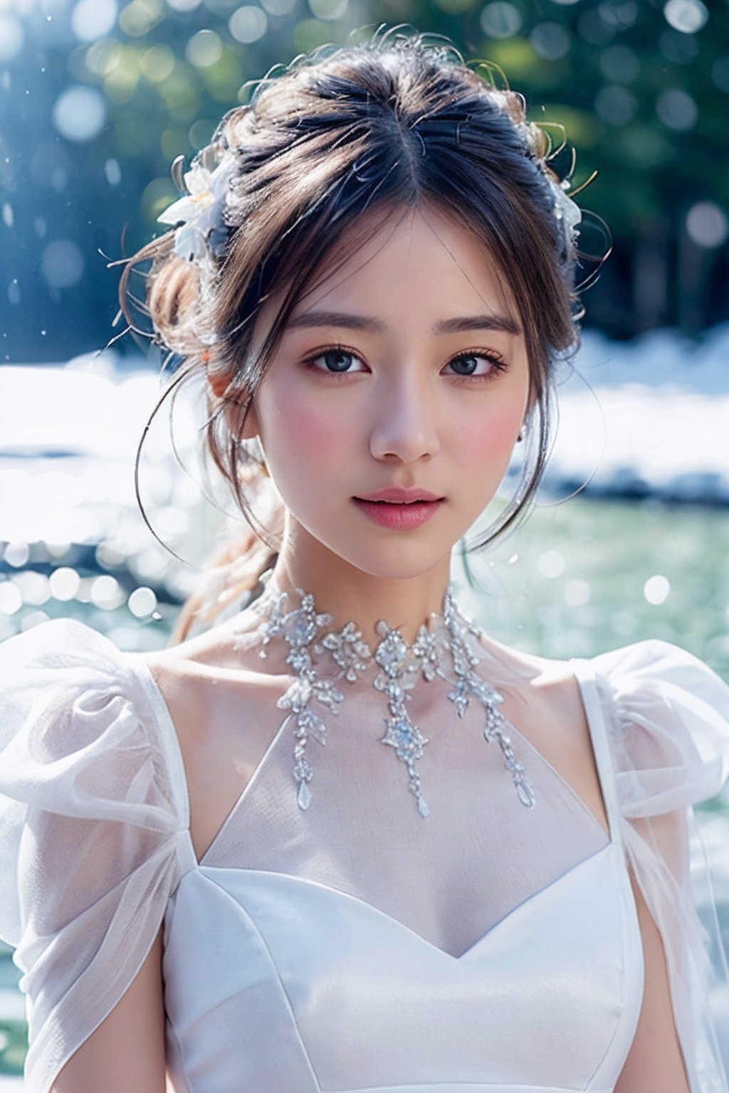 (best quality,  masterpiece:1.2), ultra detailed, (photo realistic:1.4), solo, cute girl, see-through white ruffle dress, snow_crystal_background,illumination_flower_background,diving_the_water_background,snow_crystal_background