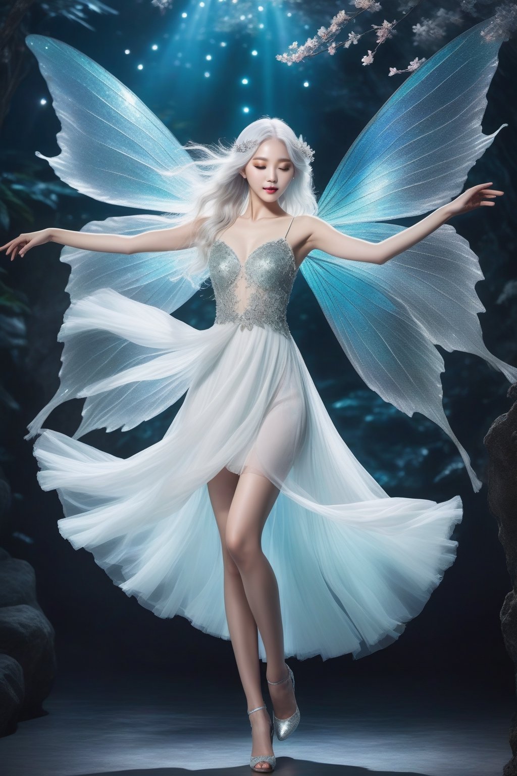 A Korean girl, a cute and colorful white-haired fairy, exquisite effects, real style, photo effects, real skin, ethereal and otherworldly style, dark white and light silver, 32k ultra high definition, dark white and light aquamarine, elegant dancing posture, Full body, paradise background