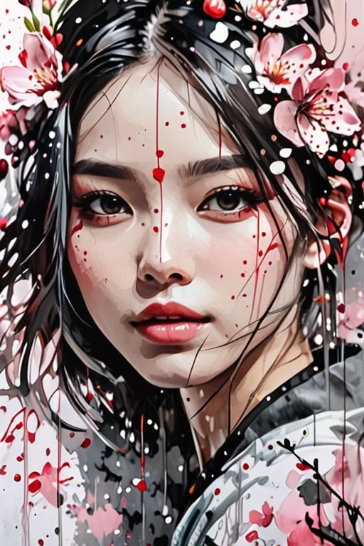 A beautiful Taiwanese girl in bloom, delicate skinned face, realistic style, central position, cherry blossom, gothic style, acrylic painting, highly detailed face, art work by Banksy, Carne Griffiths and Agnes Cecile, full of deep vitality, Popular on Artstation, HD, 4K, 8K ultra-high resolution