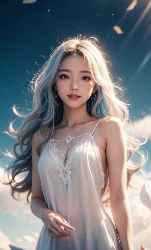 A Taiwanese girl, wearing a black and white gauze nightgown, real skin effect, clear facial features, smiling and looking to the side, solo, long blue and white hair, hairstyle with wavy hair, looking at the audience, hairstyle with wavy hair, closed Mouth, the girl's right hand moves her hair behind her right ear.  There are clouds and colorful abstract paint on the wall in the background