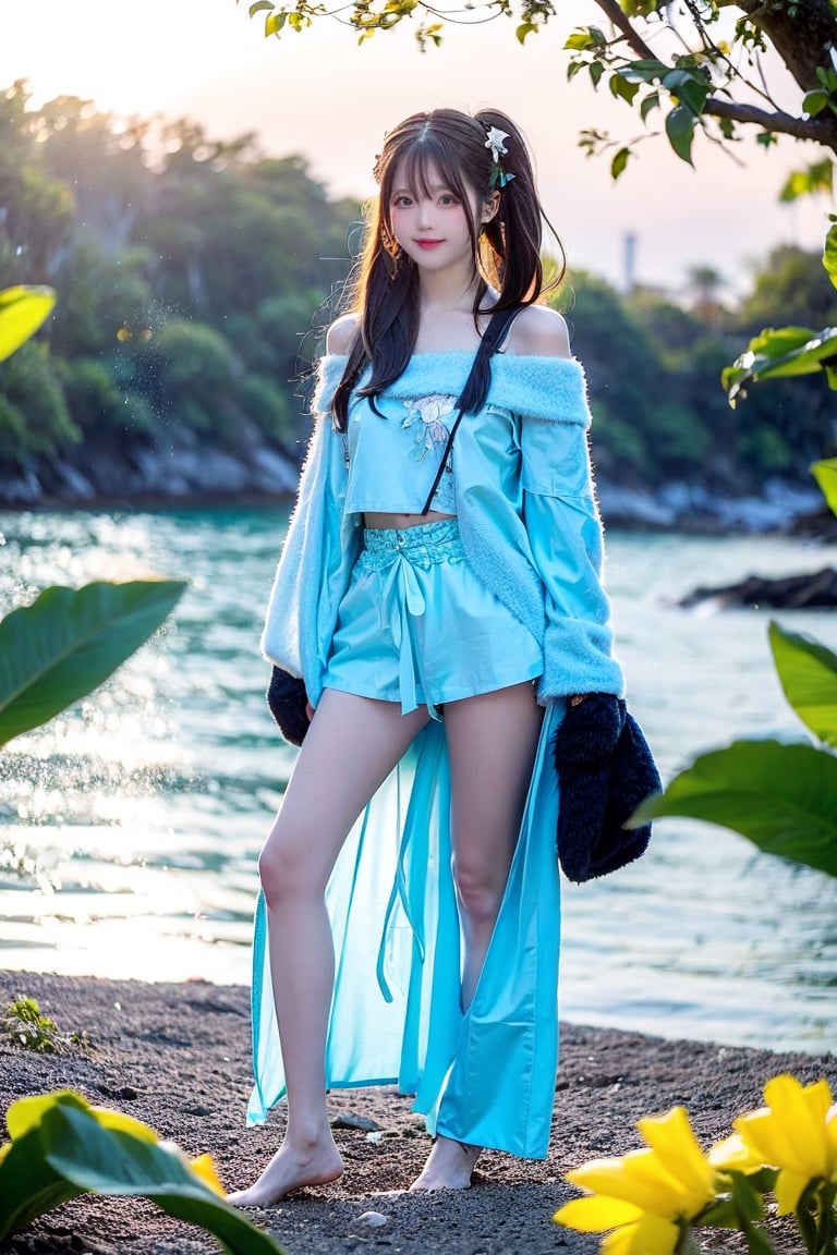 A Taiwanese girl, with real skin style, delicate face, majestic and proud upper body, ethereal and extraordinary feeling, wearing off-shoulder chiffon silk pajamas and a dreamy coat, in a warm morning, with a shy smile in spirit, sitting on the white beach, drinking coffee, with colorful petals flying around her, watching the yellow-blue light of sunrise, the bright green fields and blue sea, enjoying the feeling of being in a paradise at the moment