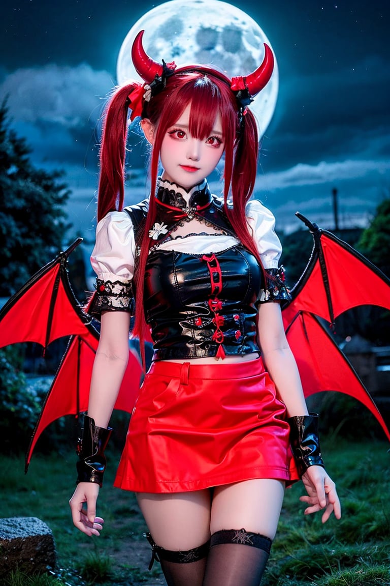 masterpiece, (best quality:1.2), [:intricate details:0.2], demon girl, skirt, (red eyes:1.3), demon horns, demon wings, demon tail, enchanting gaze, captivating pose, otherworldly charm, mystical sky, moonlit night, cloud,
