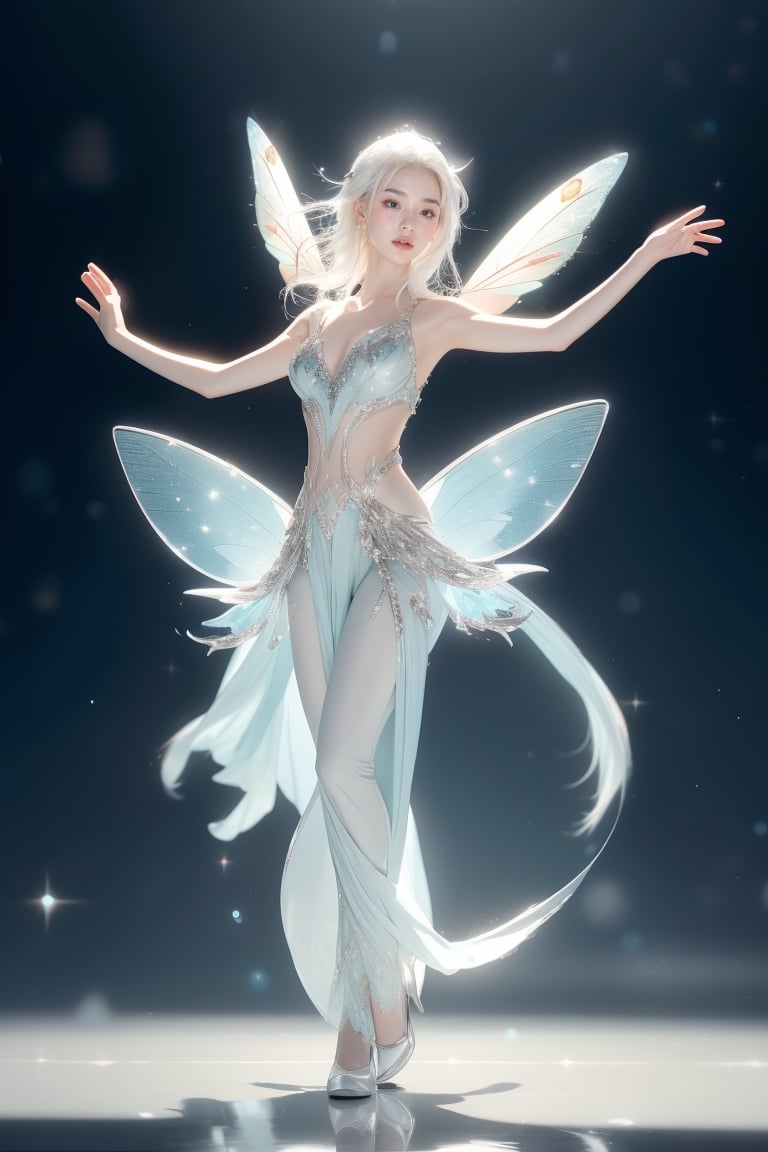 A Korean girl, a cute and colorful white-haired fairy, exquisite effects, real style, photo effects, real skin, ethereal and otherworldly style, dark white and light silver, 32k ultra high definition, dark white and light aquamarine, elegant dancing posture, Full body, paradise background