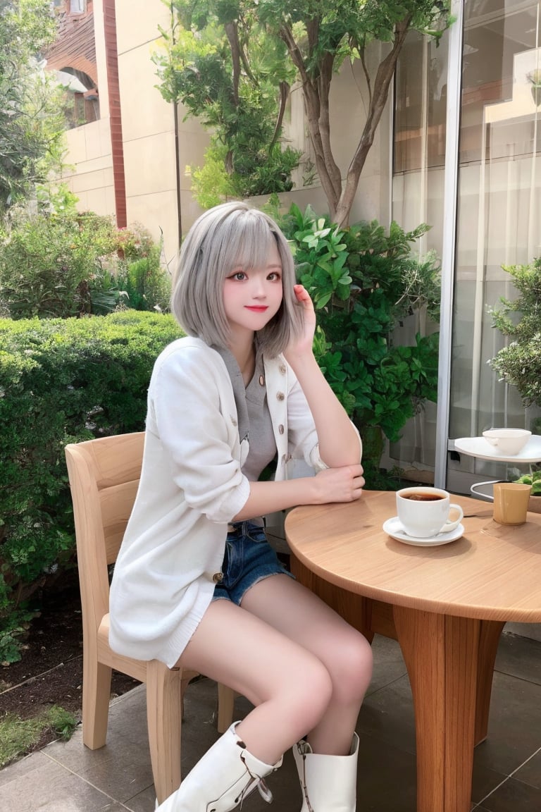 A contemporary color photo of a young Taiwanese girl sitting at an indoor coffee table, with real skin effects, short grey hair, clear facial features, a majestic bust, solo, she is wearing a white cardigan without buttons and high white boots on her feet. Her pose is relaxed, with one leg crossed over the other. The background shows the environment of a modern outdoor coffee shop, including chairs, tables and green plants. The background seems to be a soft shadow under the sunlight, suggesting daytime. On the table there is a cup, saucer and a dessert cup on a wooden tabletop. This composition captures a casual but intimate moment in a trendy urban environment.