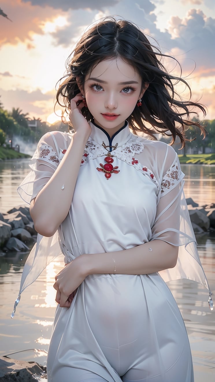 Macro photography, a Taiwanese girl, wearing ancient Miao clothes and white tulle, dancing by the river in the green grassland, surrounded by clouds and mist, raining heavily, her face full of water droplets, her moist skin, The face is covered with sweat, the whole body is soaked, the wet skin is looming, water droplets cover the whole body, the red jewelry on the head, the hands are dancing, the delicate face, the delicate skin, the blue wavy hair, the happy smile, the red sunset in the background