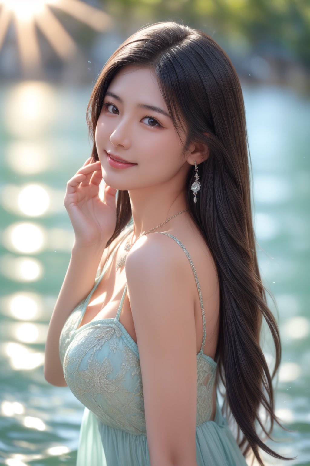 A beautiful young Taiwanese girl, with a majestic and proud bust, a realistic look, a delicate face, charming eyes, and a shy smile. Her upper body emerges from the water, dancing with her body, playing with the water with her hands, necklace pendant, armbands, and skin. The water droplets on it glow slightly with a light blue light. The spaghetti straps are covered in milky white soaked tulle. The head is tilted back, the wet long hair is flying in an arc, the water is splashing, the water is crystal clear, and the sun is shining brightly.