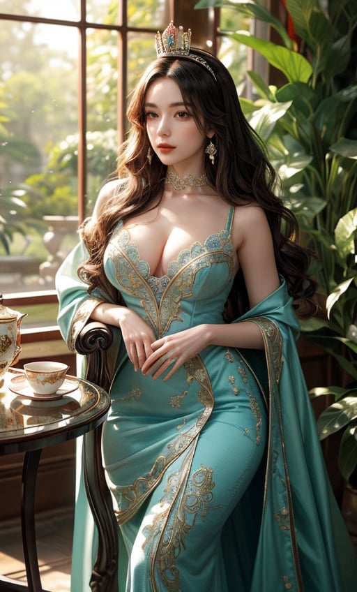 A fantasy scene set in a lush, enchanted garden during a majestic royal tea time. The central figure is a stunning Red Heart Queen, exuding beauty and elegance. She is dressed in an elaborate, flowing gown adorned with intricate red heart patterns, with a regal crown perched on her head. Her long, wavy hair cascades down her chest, complementing her radiant, flawless skin. The garden around her is vibrant, with a rich green and red color theme, featuring blooming roses, towering hedges, and ornate topiaries. The tea table is lavishly set with fine china, ornate teapots, and a variety of delicacies, all in keeping with the red and green motif. The atmosphere is serene yet grand, with the warm glow of the sun filtering through the foliage, casting dappled light across the scene. The queen’s expression is calm and graceful as she delicately sips her tea, embodying both power and grace.,manga,sketch,niji