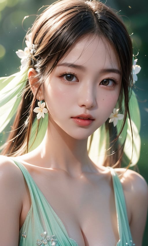 A Taiwanese girl, with real skin style, delicate face, majestic and proud bust, green and soft, matte white, clear water, transparent flowers, white space, rendering, female flow, lightness