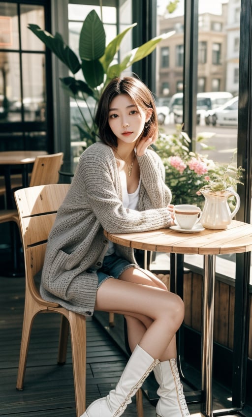 Contemporary color photo of a young Taiwanese girl sitting at a coffee table indoors, realistic skin effect, short gray hair, clear facial features, majestic and proud bust, solo, she is wearing a white cardigan with no buttons, On her feet were tall white boots.  Her posture was relaxed, one leg crossed over the other.  The background shows a modern outdoor cafe environment including chairs, tables and green plants.  The background appears to be soft shadows lit by sunlight, suggesting daytime.  On the table there is a cup, saucer and dessert cup on a wooden table top.  This composition captures a casual yet intimate moment in a stylish urban setting.