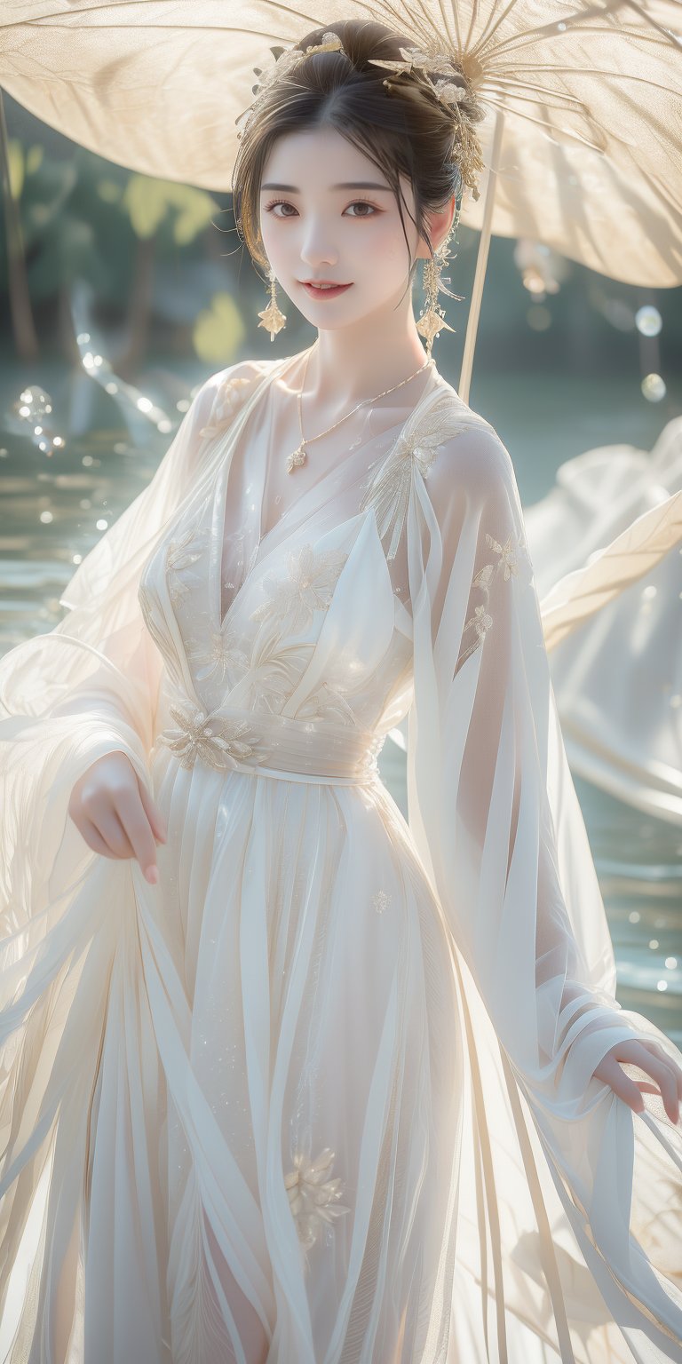 A Taiwanese girl, realism, delicate face, long thin necklace, sleeveless spaghetti straps, soaked one-piece tulle slit, ethereal eyes, dance moves, dancing body, backlighting effect, raining and sweating , with a shy smile, disheveled hair and make-up, and a majestic waist, playing in the water on the bank of the Li River in China, the background presents an ethereal and otherworldly feeling.