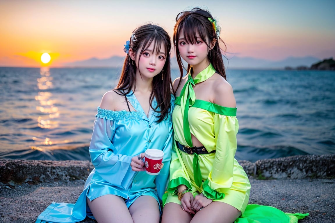 A Taiwanese girl, with real skin style, delicate face, majestic and proud upper body, ethereal and extraordinary feeling, wearing off-shoulder chiffon silk pajamas and a dreamy coat, in a warm morning, with a shy smile in spirit, sitting on the white beach, drinking coffee, with colorful petals flying around her, watching the yellow-blue light of sunrise, the bright green fields and blue sea, enjoying the feeling of being in a paradise at the moment