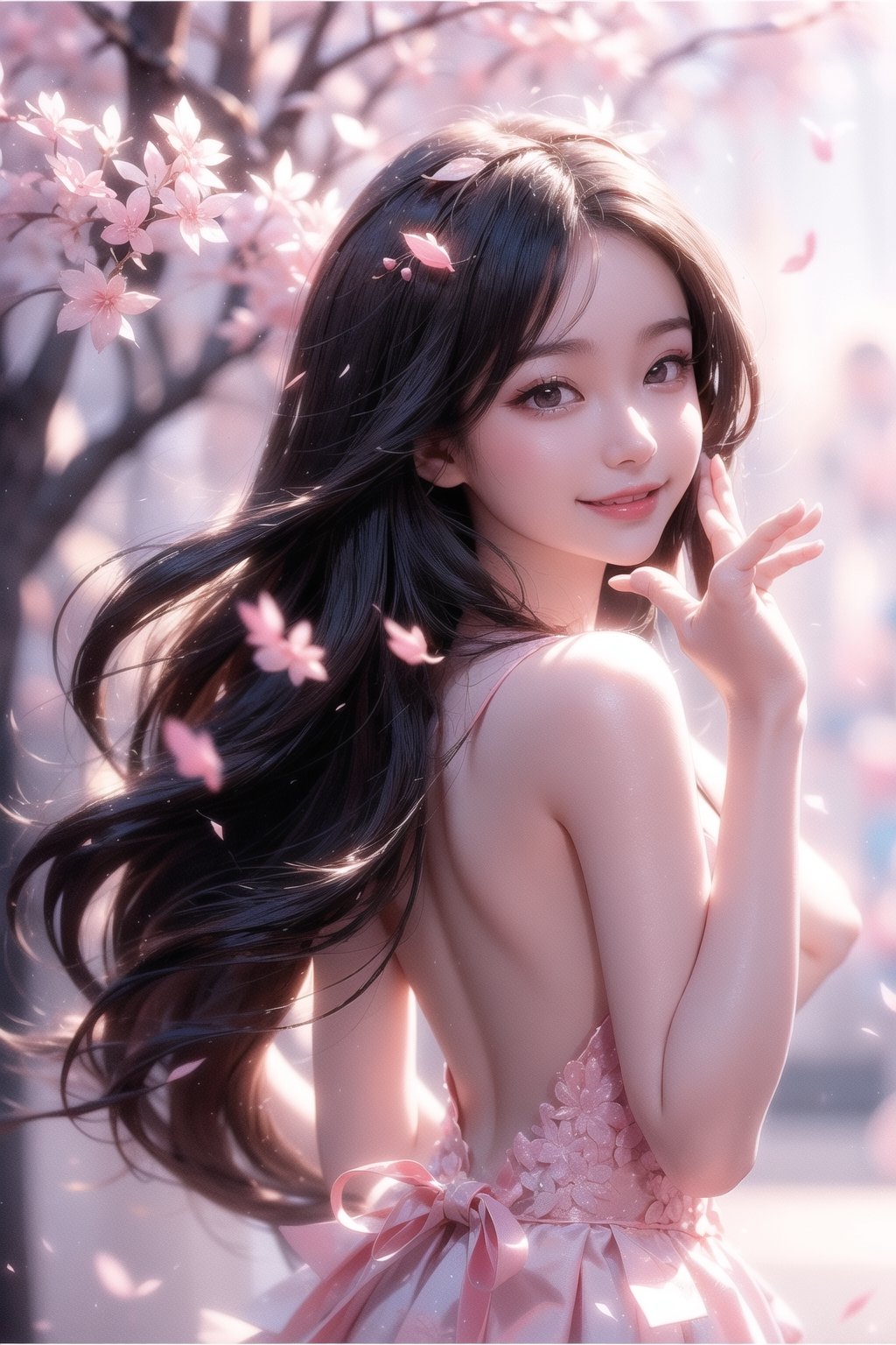 Real photo, a Japanese woman, wearing a white gauze skirt, topless and backless, raising her hands to catch the falling cherry blossoms under the cherry blossom tree, smiling and looking at the side camera, the pink cherry blossom petals are flying all over the picture, clear and bright, super High quality, exquisite details, delicate and clear facial features, clear body,
,1 girl,Double exposure, real person, color splash style photo,