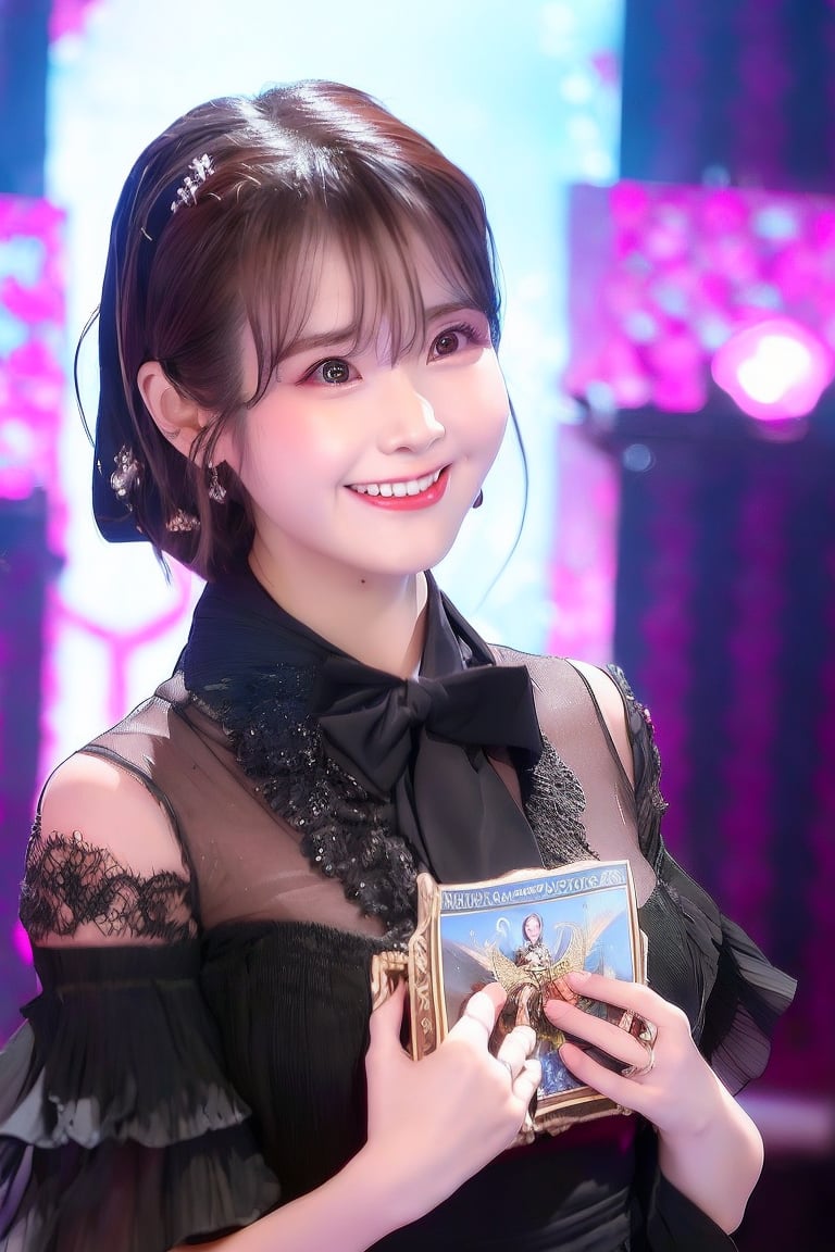 A 27-year-old Taiwanese girl, with a majestic bust, real skin style, delicate face, brown hair, cute European and Japanese girl, Internet idol, angelic face, wearing a plain stand-up collar short-sleeved shirt and a black pleated skirt, holding a book in her arms, looking pure, gentle and innocent, her squinting smiling eyes show her kindness, her expression comforts the viewer, brings joy and bright feelings, creates a beautiful day, she allows us to eliminate worries, drive away anxiety, full of positive atmosphere and energy, the background presents an ethereal and extraordinary feeling