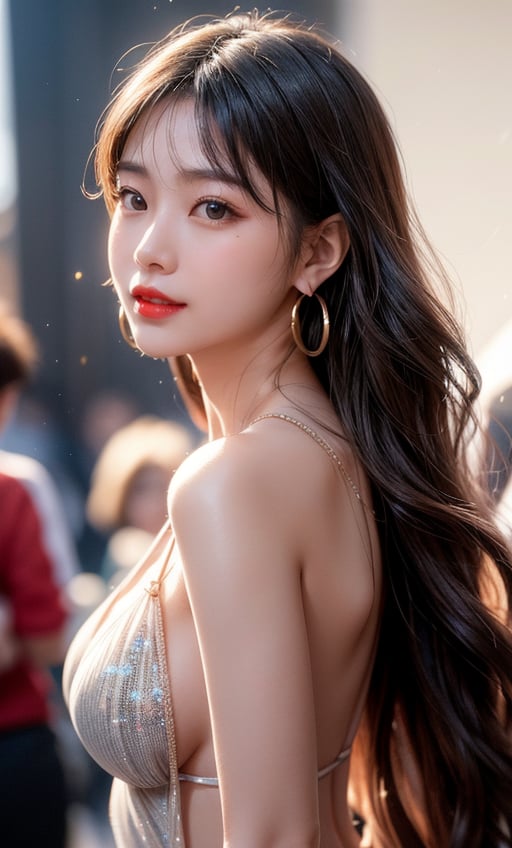 A Taiwanese girl, real skin style, delicate skin face, majestic and proud bust, wearing swimsuit tulle, solo, long hair, jewelry, earrings, looking at the audience, blurred, red lips, reality, big wavy long gray hair , hoop earrings, depth of field, brown eyes, typical example of elegance, the background presents a sense of happiness