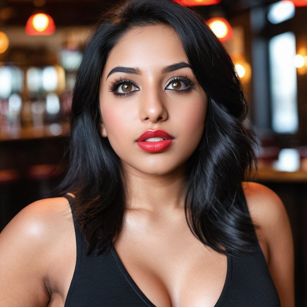 sweet sexy face , cute black eyes, realistic, pov_eye_contact, at pub, black  hair, sexy, full face front view, lips sexy bold, Round shape face, natural lip colore, body view, Indian, black eye