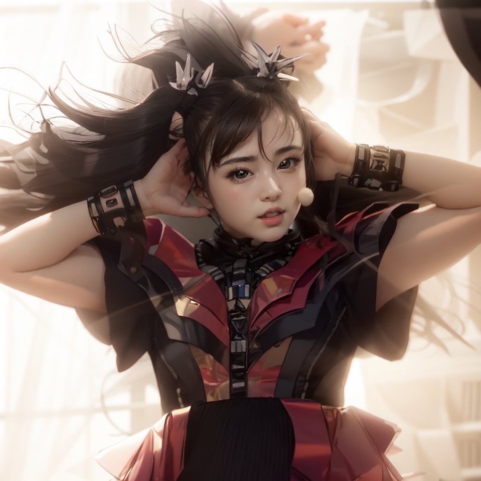 depth_of_field, 1girl, twintail, colorful dress, short sleeves, wavy hair, motion blur, 3d, ray tracing, moametal