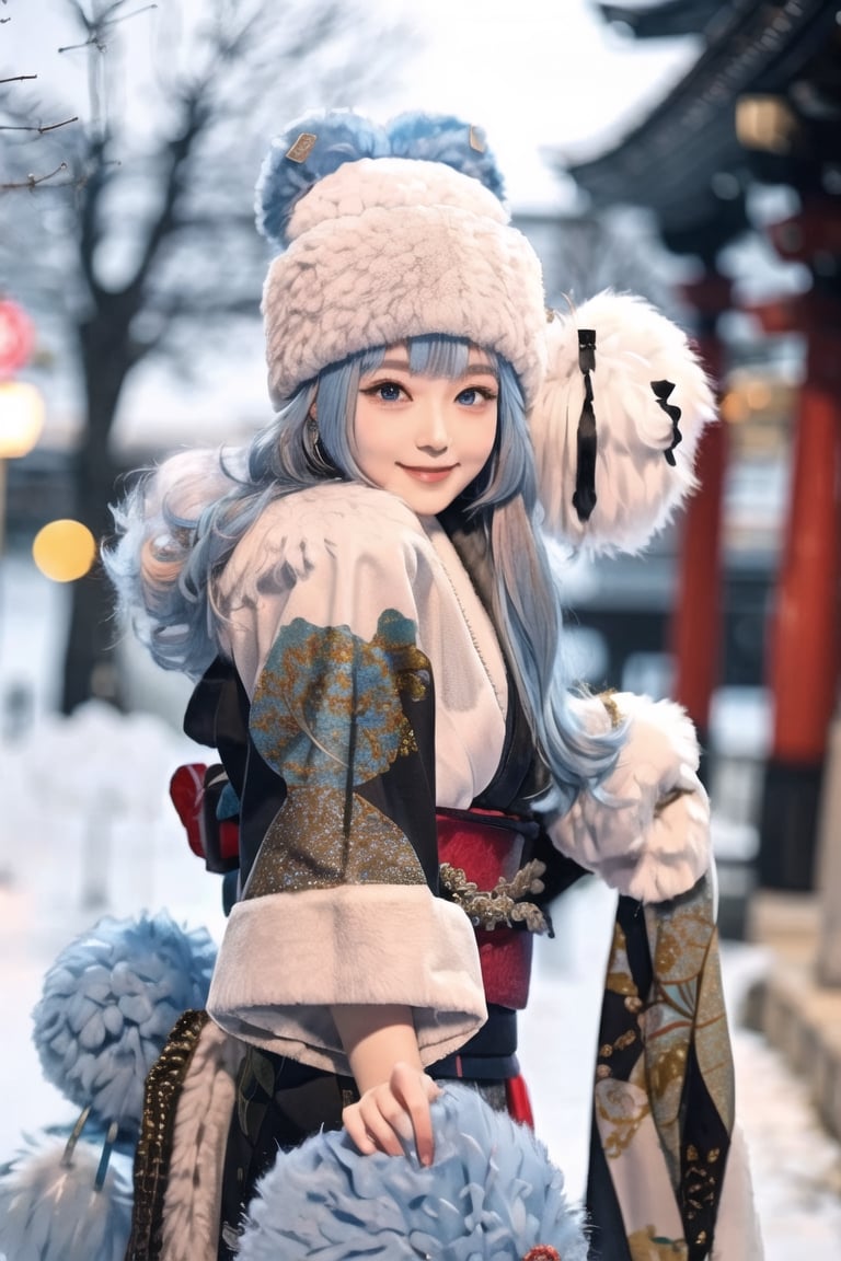 1girl, architecture, blue_eyes, blurry, blurry_background, building, cosplay_photo, depth_of_field, earrings, feather_boa, fur, fur-trimmed_coat, fur-trimmed_jacket, fur-trimmed_kimono, fur-trimmed_sleeves, fur_cape, fur_coat, fur_collar, fur_hat, fur_scarf, fur_trim, hat, japanese_clothes, jewelry, kimono, long_hair, blue hair, blue eyes, blush on, looking_at_viewer, outdoors, photo_\(medium\), pom_pom_\(clothes\), shrine, smile, solo, tree, upper_body, winter_clothes  ,keqingdef