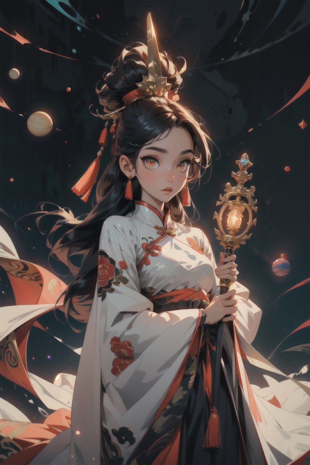 A girl wearing Chinese clothes, long fantasy-coloured hair, orange eyes holding a white sceptre with a sphere surrounding the sceptre, in a galaxy of planets,midjourney,ASU1