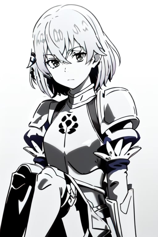 BlackworkStyleManityro,  greyscale, monochrome, white background, rutiragnason,short hair, breastplate, armored dress, single pauldron, detached sleeves, sitting