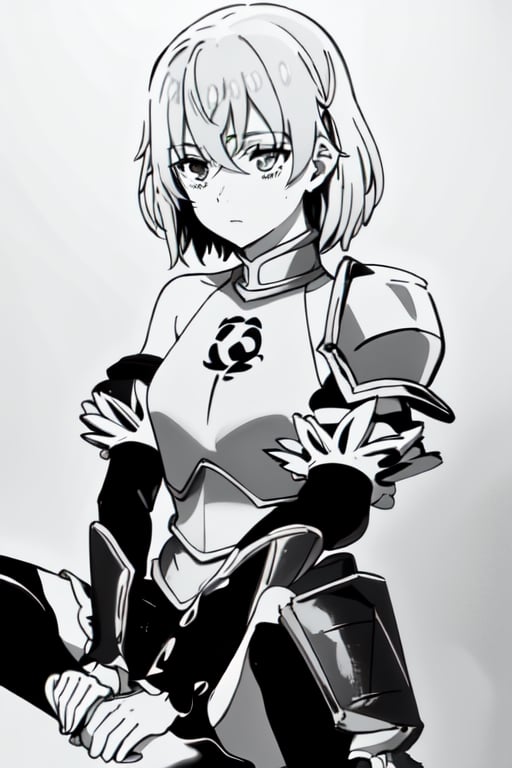 BlackworkStyleManityro,  greyscale, monochrome, white background, rutiragnason,short hair, breastplate, armored dress, single pauldron, detached sleeves, sitting