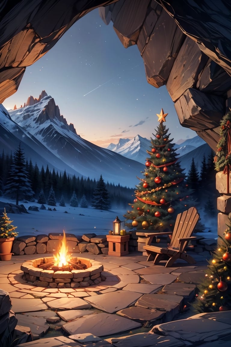 beautiful cave from outside, mountains, landscape, Christmas tree, firepit, outside, trees