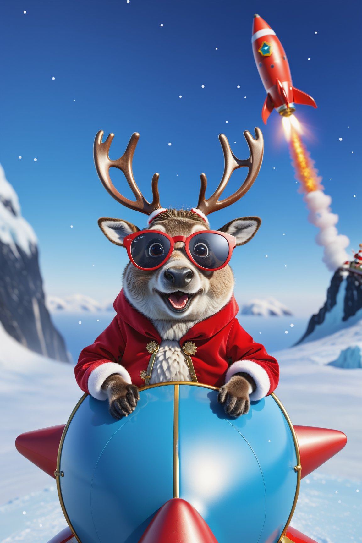 Reindeer weatring sunglasses sitting on a flying rocket, wearing santa claus clothes, snowing, screaming, penguin in background