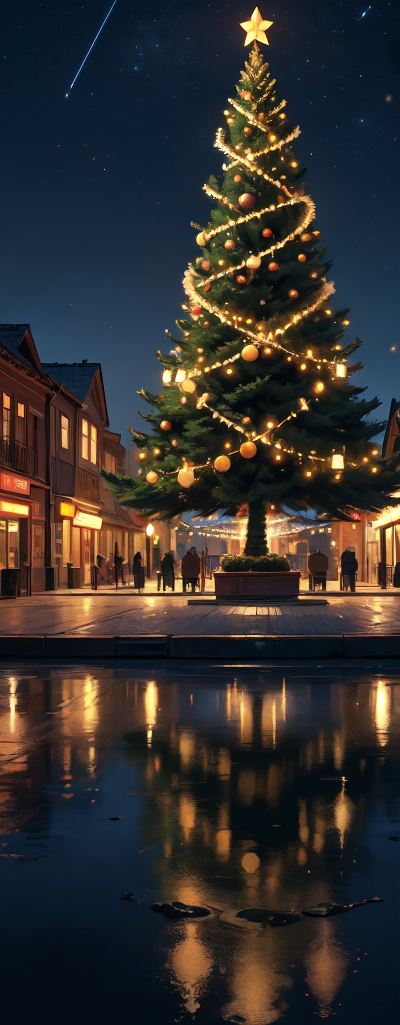 Silhouette of a big Christmas Tree in the town, Christmas lighting, (realism: 1.2), Best Quality, Masterpiece, Natural Light, (RAW Photo, Best Quality, Masterpiece: 1.2), Ray-traced reflections, ultra-high resolution, 16k images, depth of field, starry sky, Anime Art Wallpaper 4K, Anime Art Wallpaper 4K, Anime Art Wallpaper 8K, amazing wallpaper,