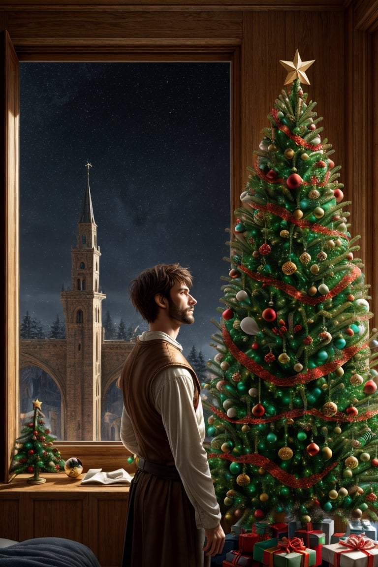 Generate an close up image of a handsome man in a medieval-themed fantasy world. He has short hair, a well-groomed beard, and is elegantly dressed. The man is standing by his bedroom window, and gazing out at a breathtaking medieval landscape. (((Christmas tree))), Christmas decoration, Capture the details of the man's contemplative expression and the intricate surroundings of his room. Outside the window, showcase a majestic view of a Christmas tree and towering castles, rolling hills. Convey a sense of both sophistication and the allure of the fantastical in this scene.
medieval era, fantasy world, Raw photo, depth of field, UHD, retina, masterpiece, super detail, high details, high quality, award winning, best quality, highres, 1080P, HD, 4K, 8k, 16k, cinematic light, (masterpiece, best quality, ultra-detailed, 8K), dreamlike, aesthetic art, digital art, professional artwork, immersive, intricate details, captivating natural beauty, hyper-detailed, (studio ghibli), makoto shinkai, trending in artstation,boy,midjourney,photorealistic