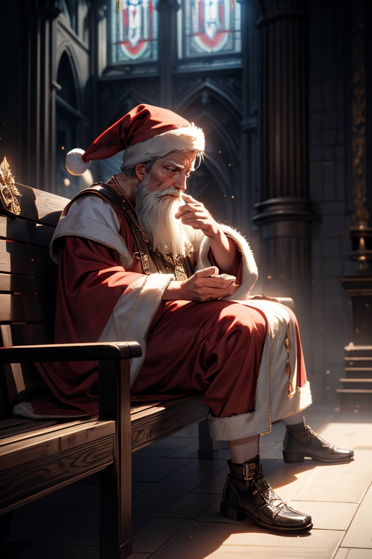 Santa Claus is praying, on a bench, eye closed, in a church, divine light, wholesome moment, full body shot, 
(detailed, perfect, beautiful, exotic, special, unique, charming, hypnotic, breathtaking, skindentation, masterpiece, high quality, high resolution, extremely detailed, sharpness, intricate, high quality_textures, high resolution_textures, absurdres, sharp details, award_winning, bokeh, rule_of_thirds, moody lighting, detailed shadows, light diffusion, white_balance, Realism, RAW_Image, realistic, photorealistic environment),