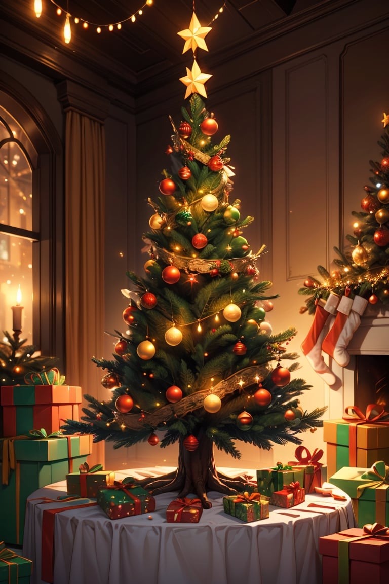 magical Christmas tree, a lot of gifts around it, Delicious food on the table, cozy atmosphere, christmas decoration, a lot of pixies flying around, magic