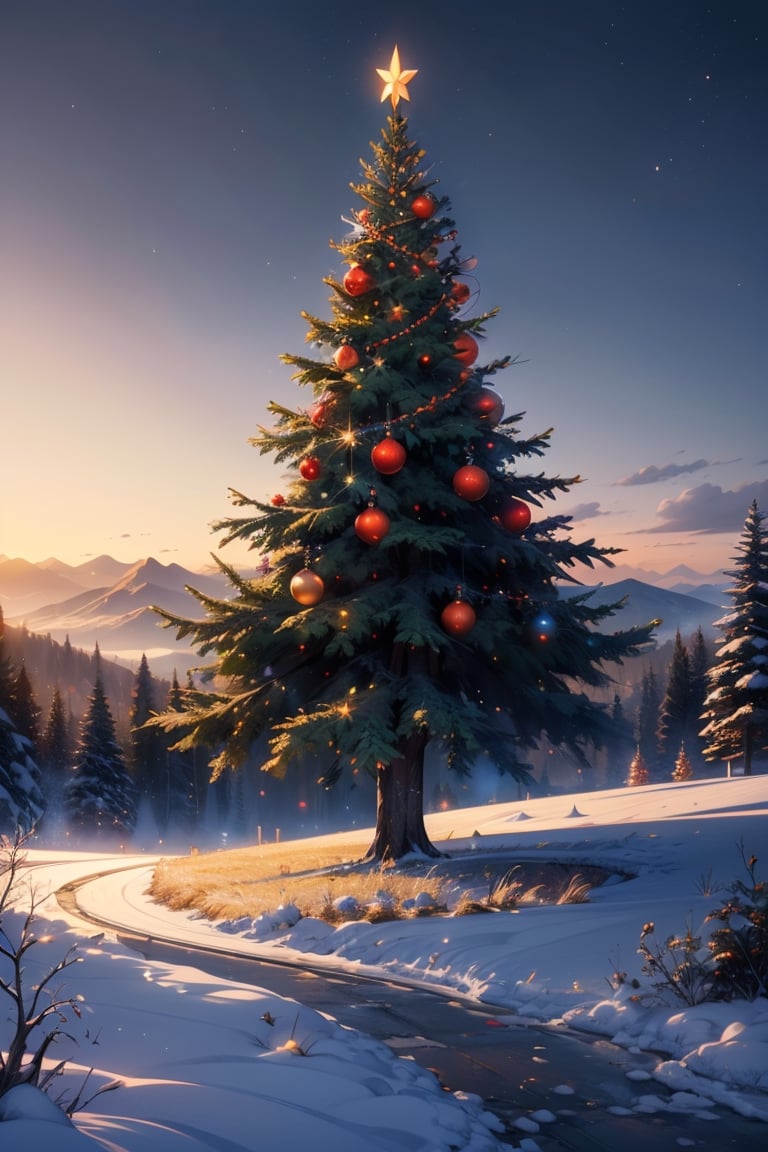 A enchanted beautiful christmas tree far on the hill, beautiful landscape