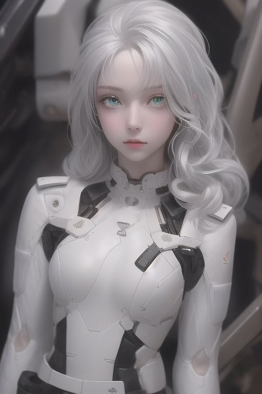A 27-year-old girl, with silver hair, green eyes, skinny, with white skin, wearing a black military suit