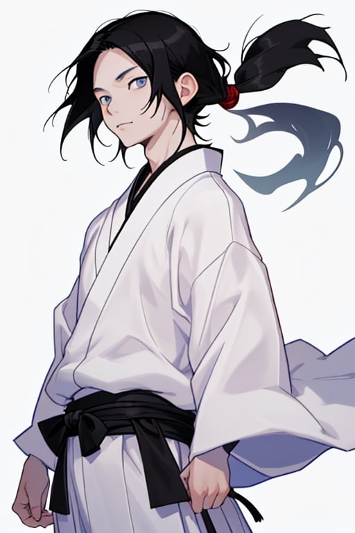 a Japanese boy, with long straight black hair, blue eyes, white skin, short stature