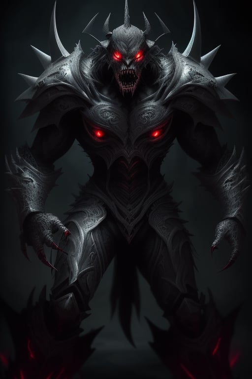 a dark being with black armor and sharp teeth