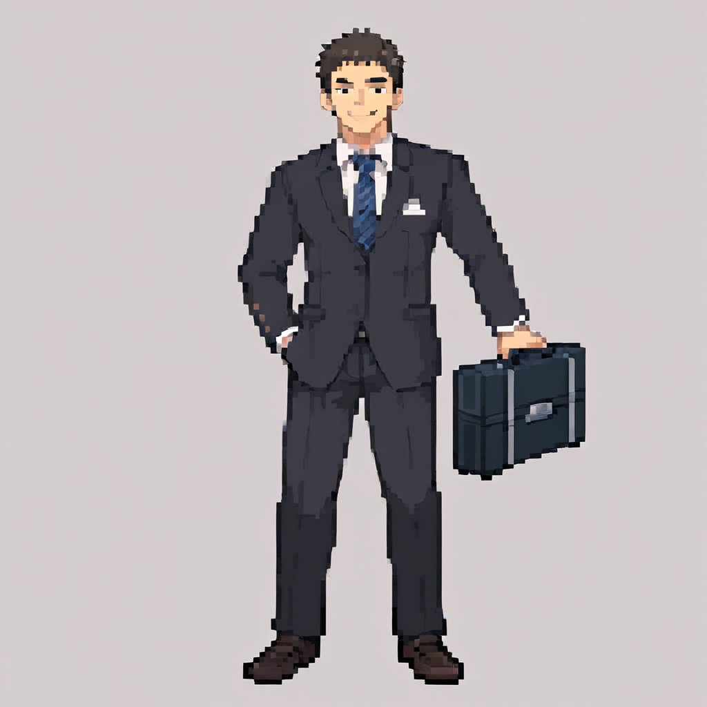 a fit man standing proudly (full body in frame), in a business suit, black socks, confident smile, small holding a briefcase, high_res, white_background