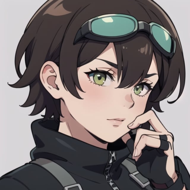 exusiai, male, 1 guy, solo, head_portrait,  green and black jacket, fingerless gloves, goggles, brown hair, jeraltFE